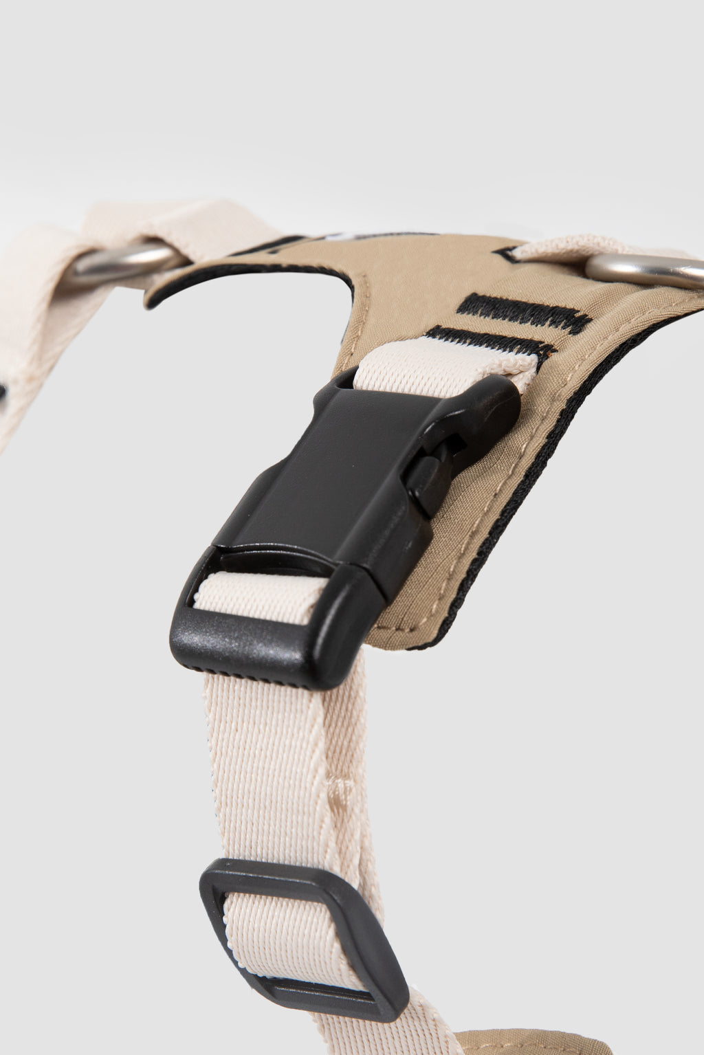 Adjustable strap detail on a pressure relief dog harness