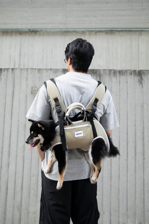 Person wearing an ergonomic pet backpack carrier outdoors