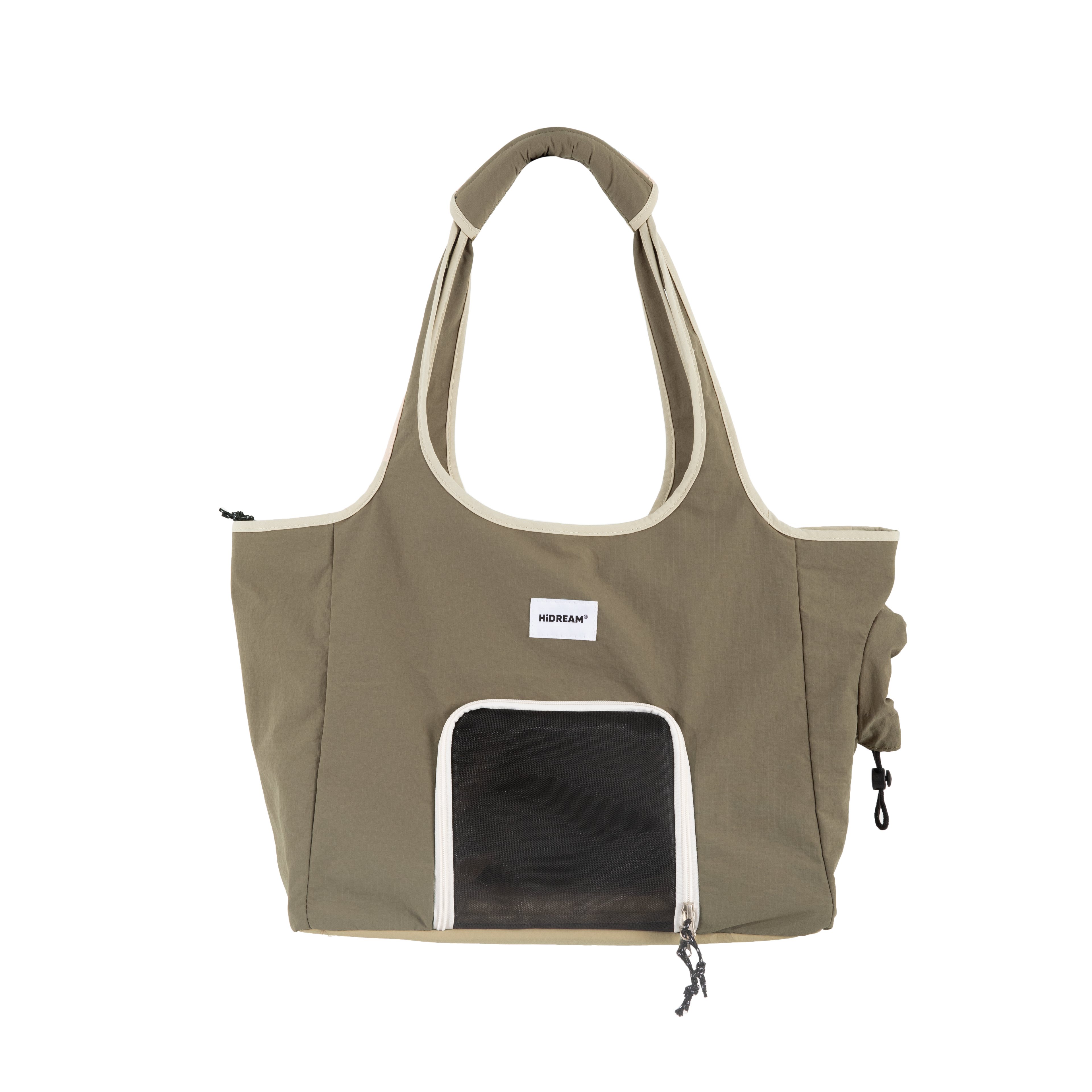 Side view of a structured pet tote carrier bag