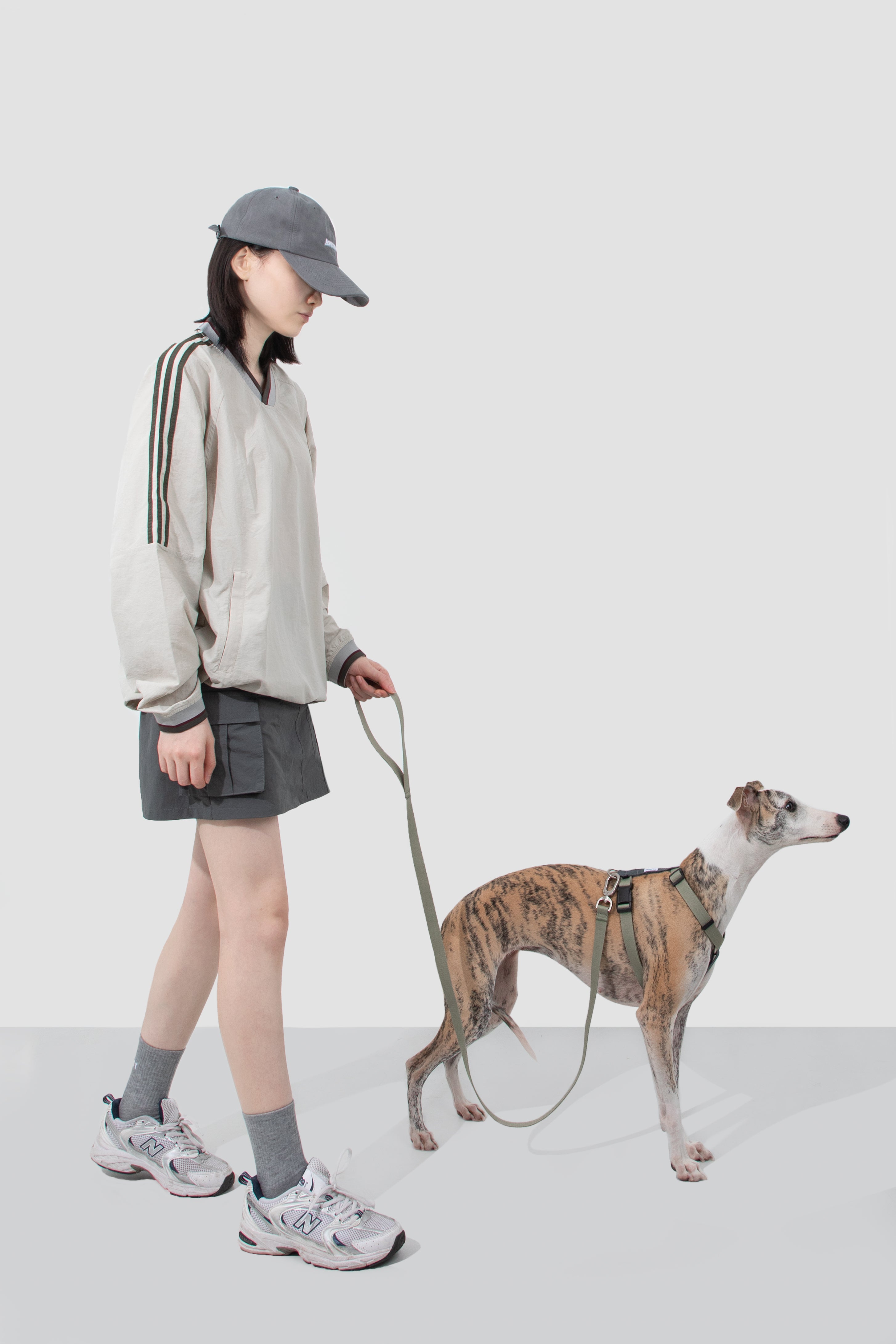 Dog walking with an adjustable H-style harness and lead set